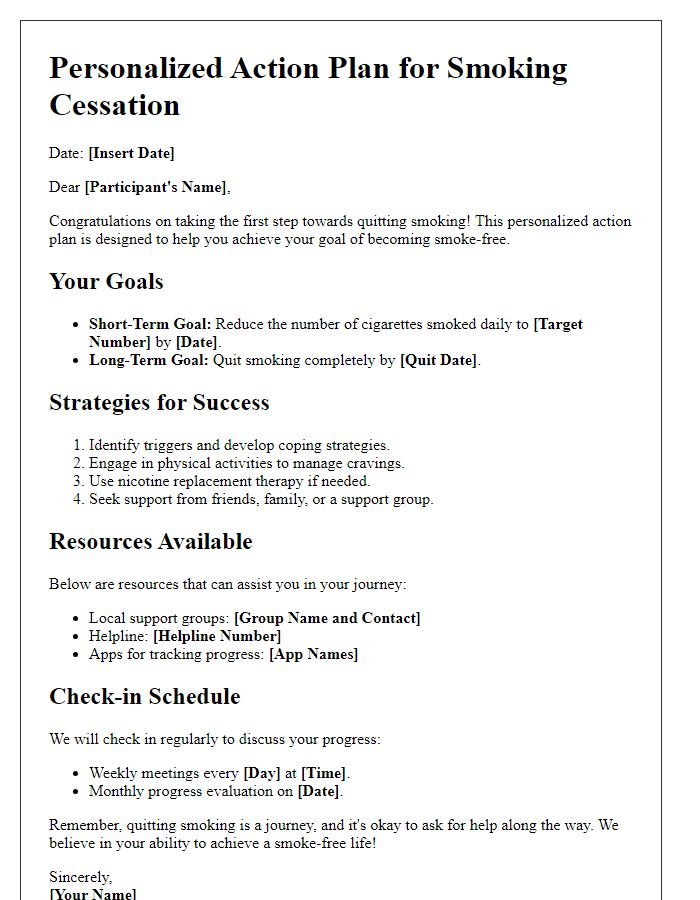 Letter template of smoking cessation program personalized action plan