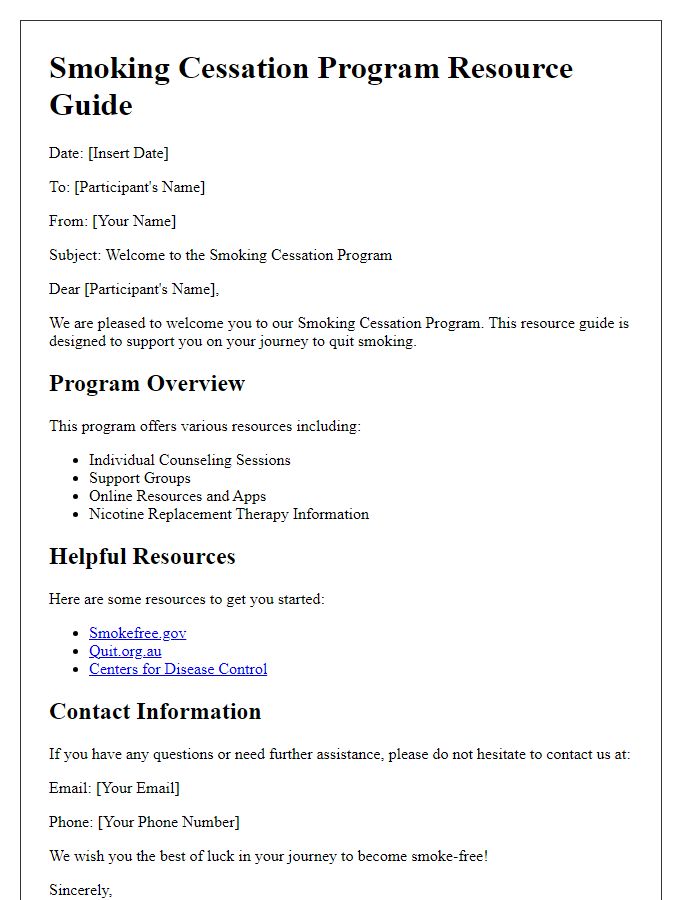 Letter template of smoking cessation program resource guide