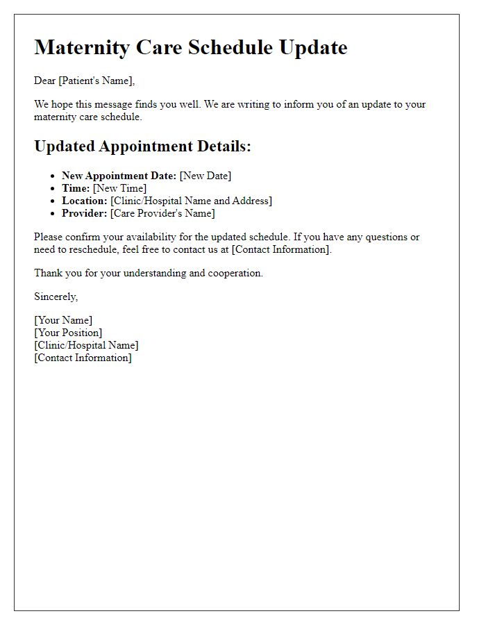 Letter template of maternity care schedule update