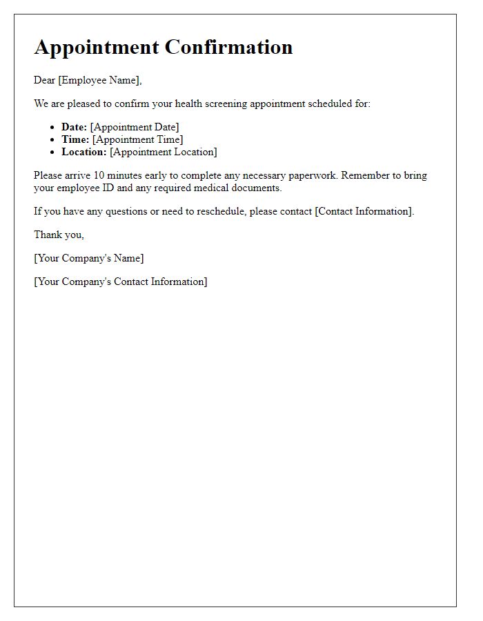 Letter template of employee health screening appointment confirmation