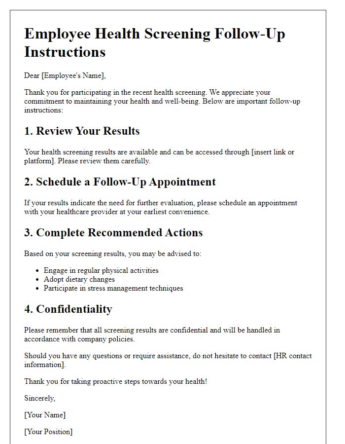 Letter template of employee health screening follow-up instructions