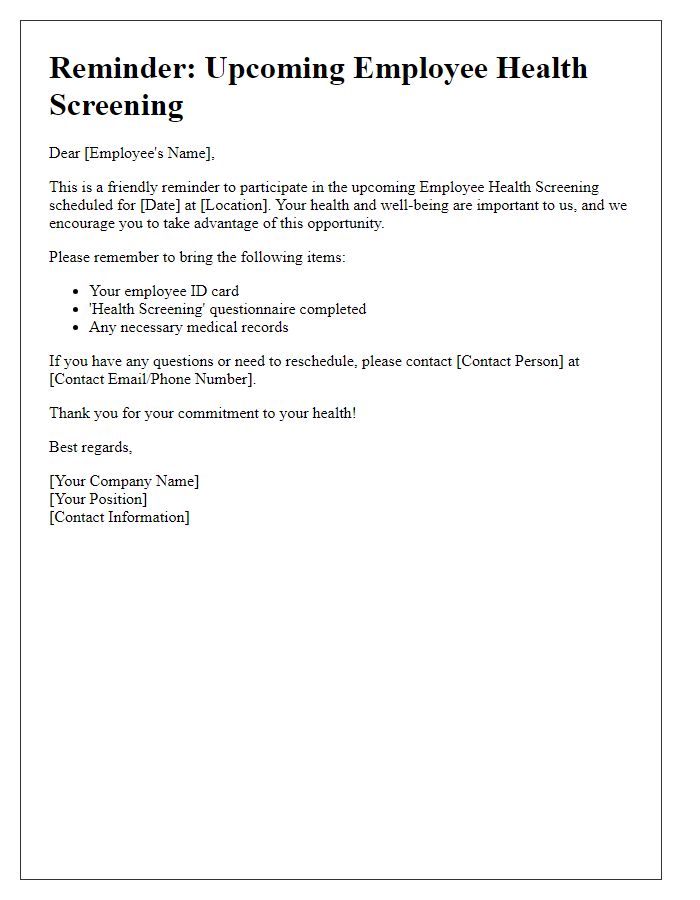 Letter template of employee health screening participation reminder