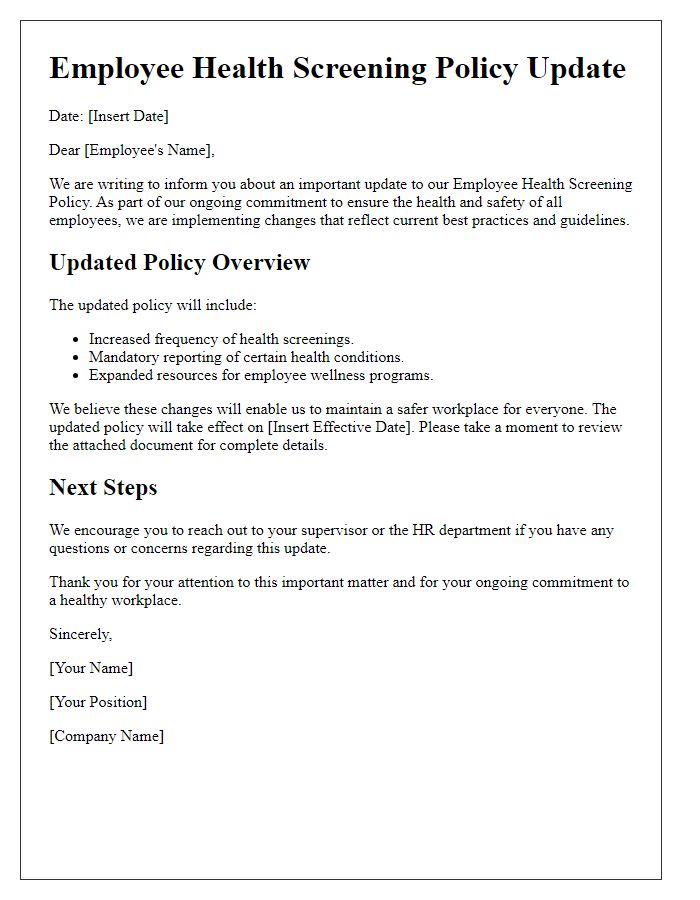 Letter template of employee health screening policy update