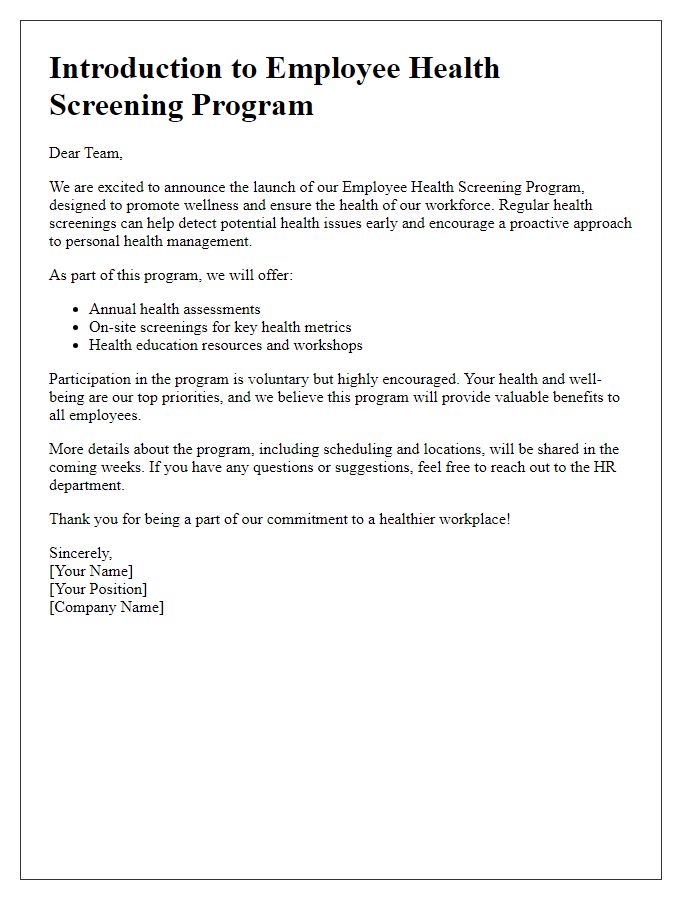 Letter template of employee health screening program introduction