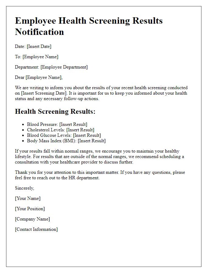 Letter template of employee health screening results notification