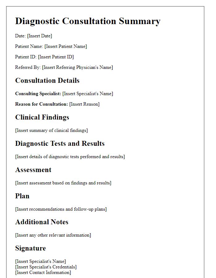 Letter template of diagnostic consultation summary for specialists