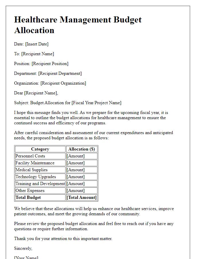 Letter template of healthcare management budget allocation