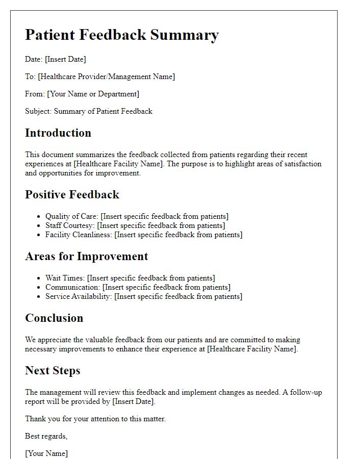 Letter template of healthcare management patient feedback summary