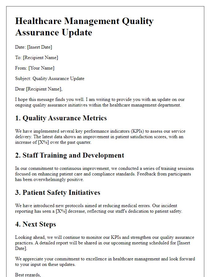 Letter template of healthcare management quality assurance update