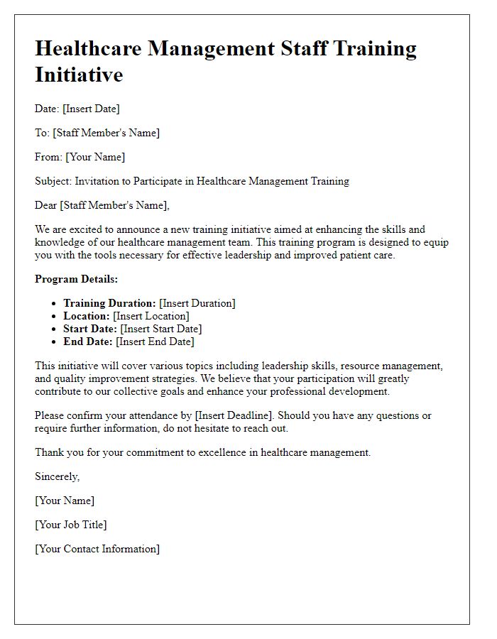 Letter template of healthcare management staff training initiative