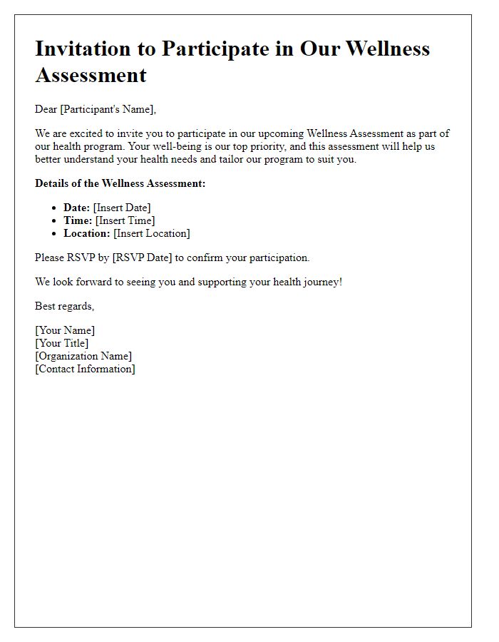 Letter template of wellness assessment invitation for health program participants