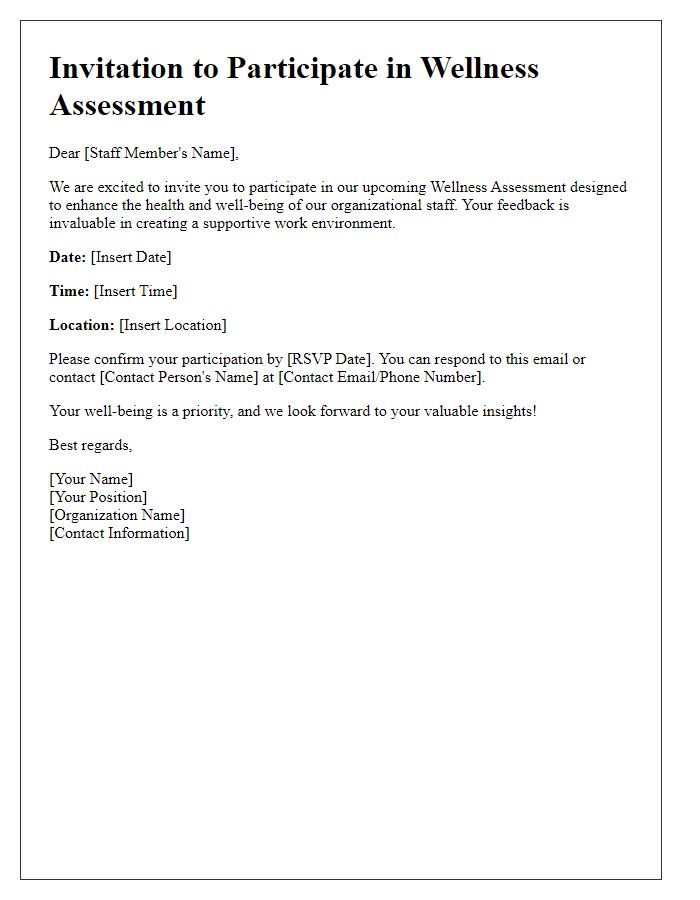 Letter template of wellness assessment invitation for organizational staff