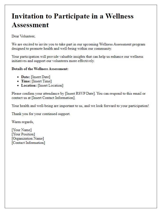 Letter template of wellness assessment invitation for volunteers