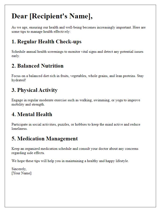 Letter template of elderly health management tips.