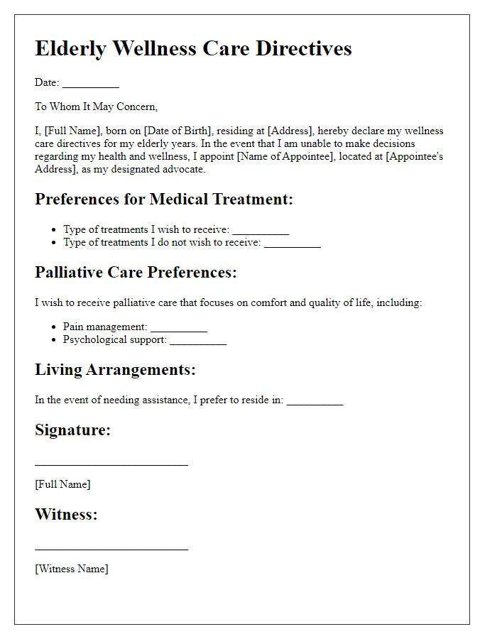 Letter template of elderly wellness care directives.