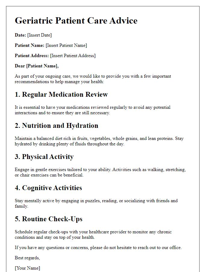 Letter template of geriatric patient care advice.