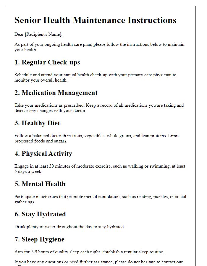 Letter template of instructions for senior health maintenance.