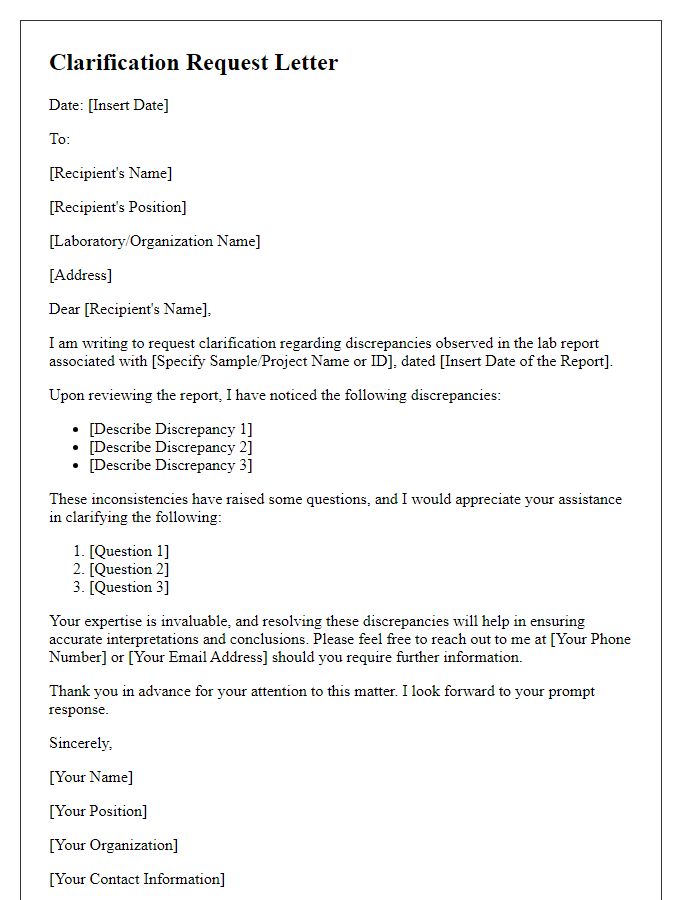 Letter template of clarification request for lab report discrepancies