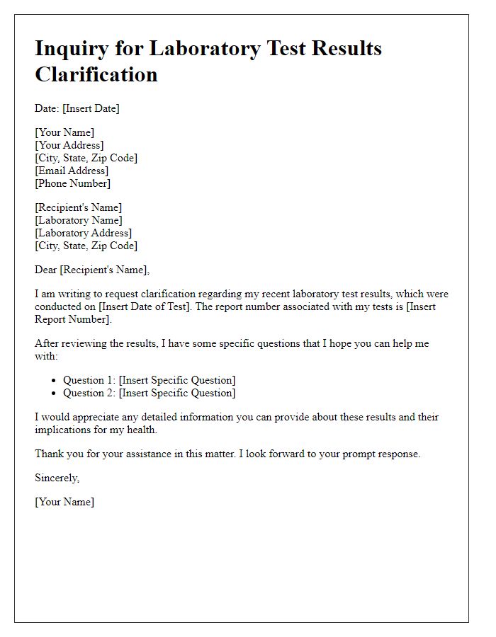 Letter template of inquiry for laboratory test results clarification