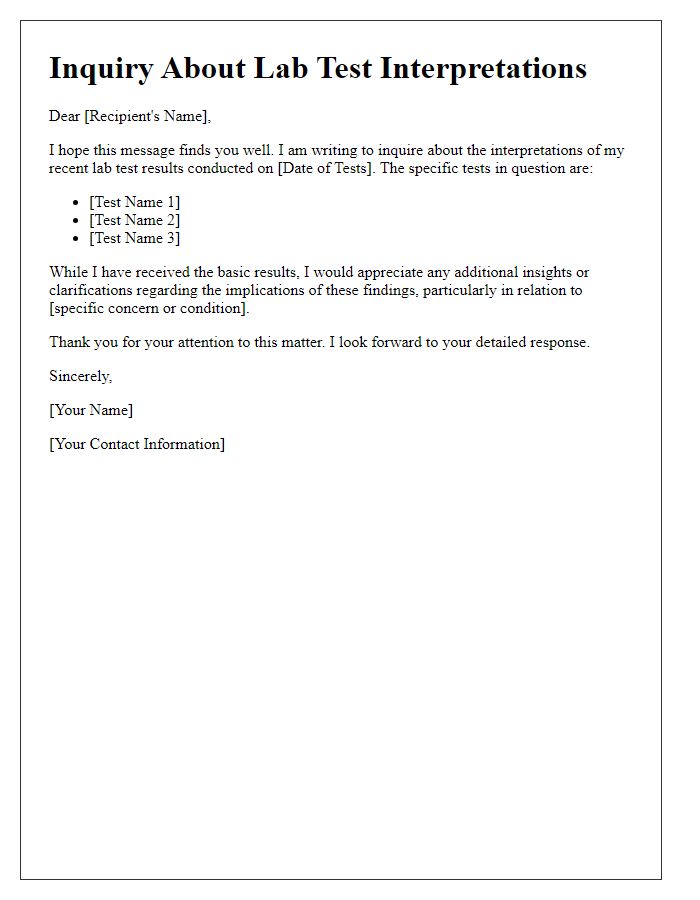 Letter template of inquiry regarding specific lab test interpretations