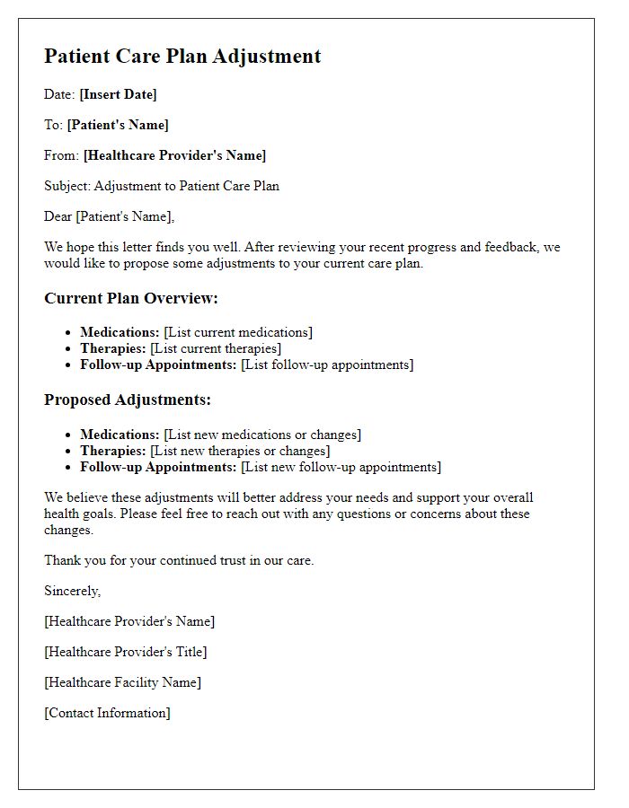 Letter template of patient care plan adjustment