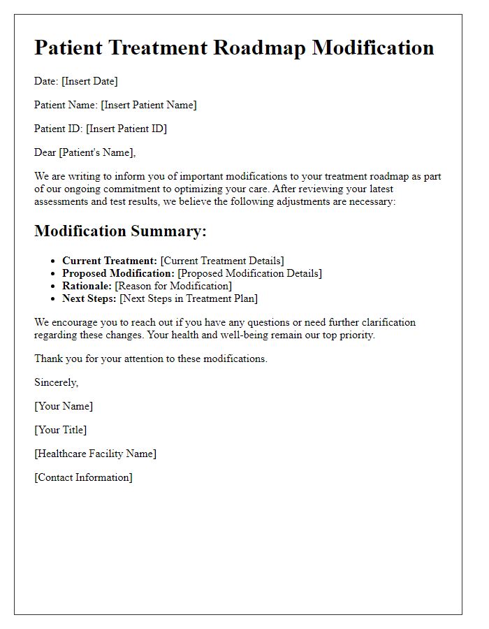 Letter template of patient treatment roadmap modification