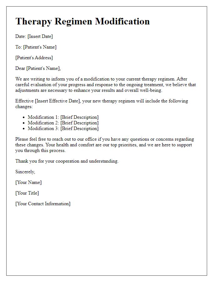 Letter template of therapy regimen modification