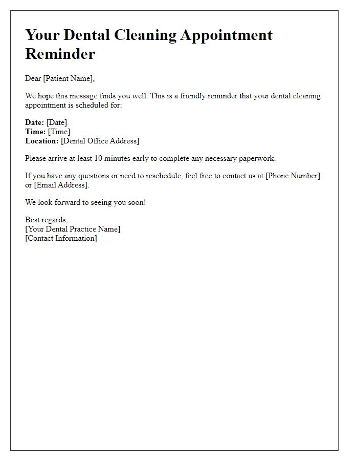 Letter template of dental cleaning schedule notification.