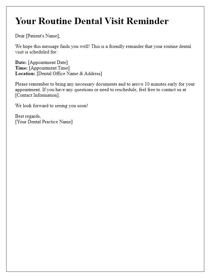 Letter template of routine dental visit alert.