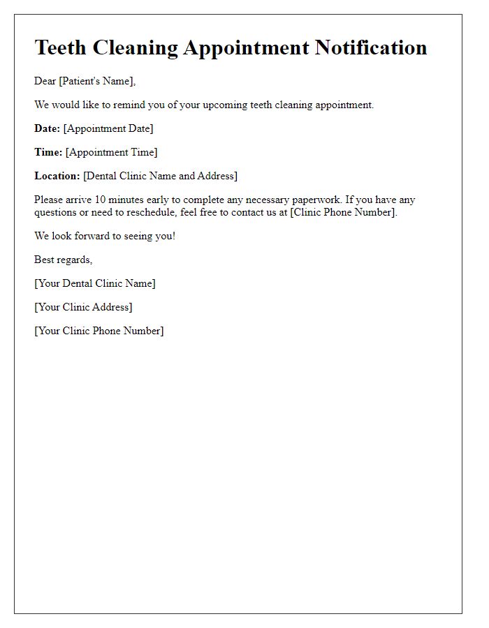 Letter template of teeth cleaning appointment notification.