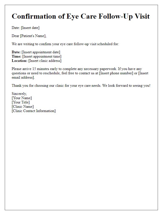 Letter template of confirmation for eye care follow-up visit