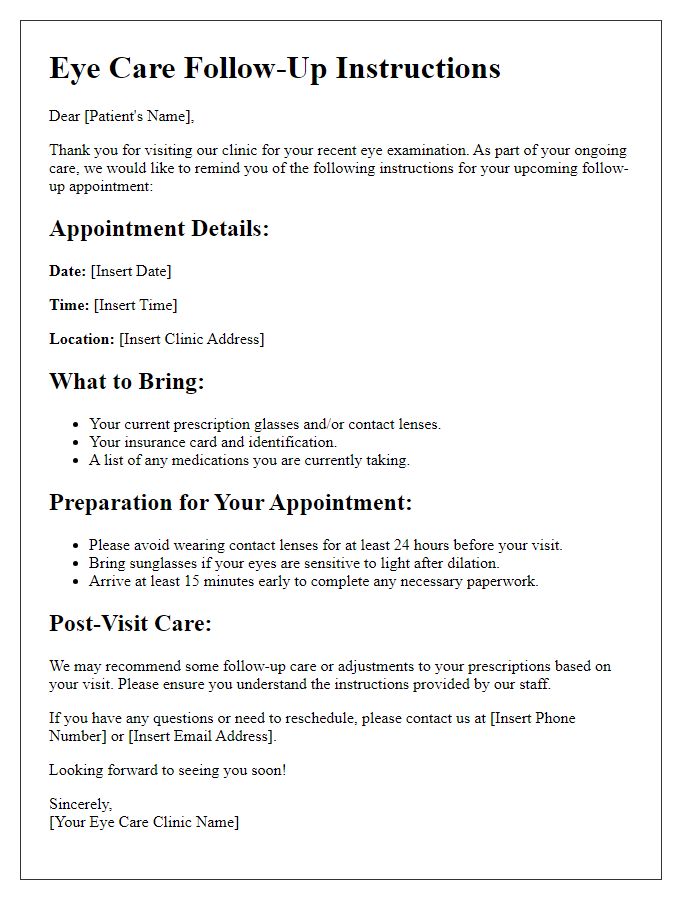 Letter template of instructions for upcoming eye care follow-up