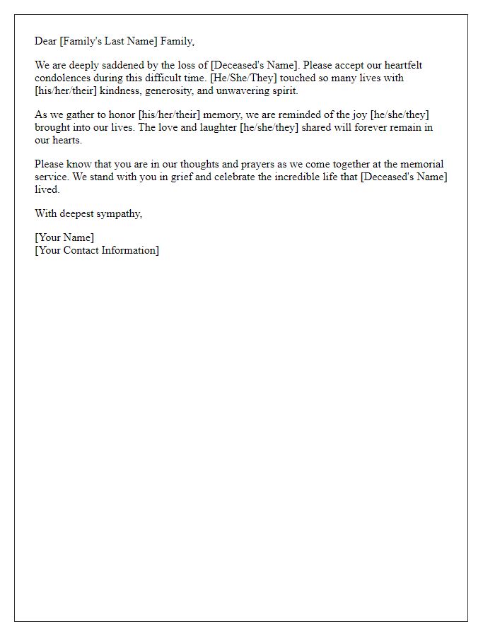 Letter template of heartfelt condolences for a public memorial service.