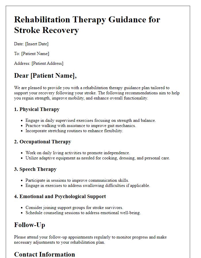 Letter template of rehabilitation therapy guidance for stroke recovery.