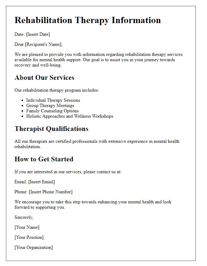 Letter template of rehabilitation therapy information for mental health support.