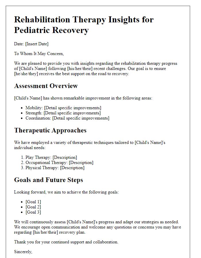 Letter template of rehabilitation therapy insights for pediatric recovery.