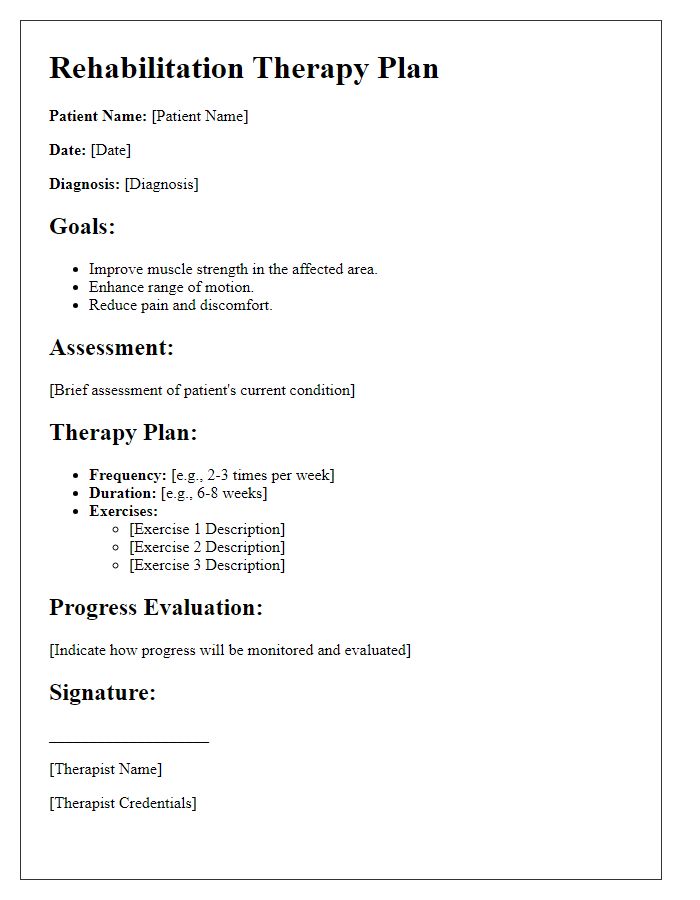 Letter template of rehabilitation therapy plan for muscle strengthening.