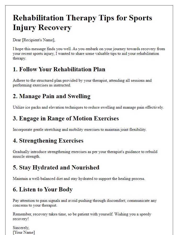 Letter template of rehabilitation therapy tips for sports injury recovery.