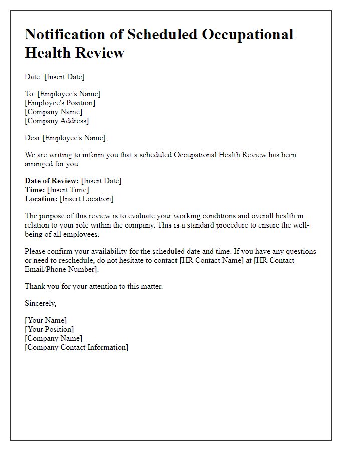 Letter template of notification for scheduled occupational health review