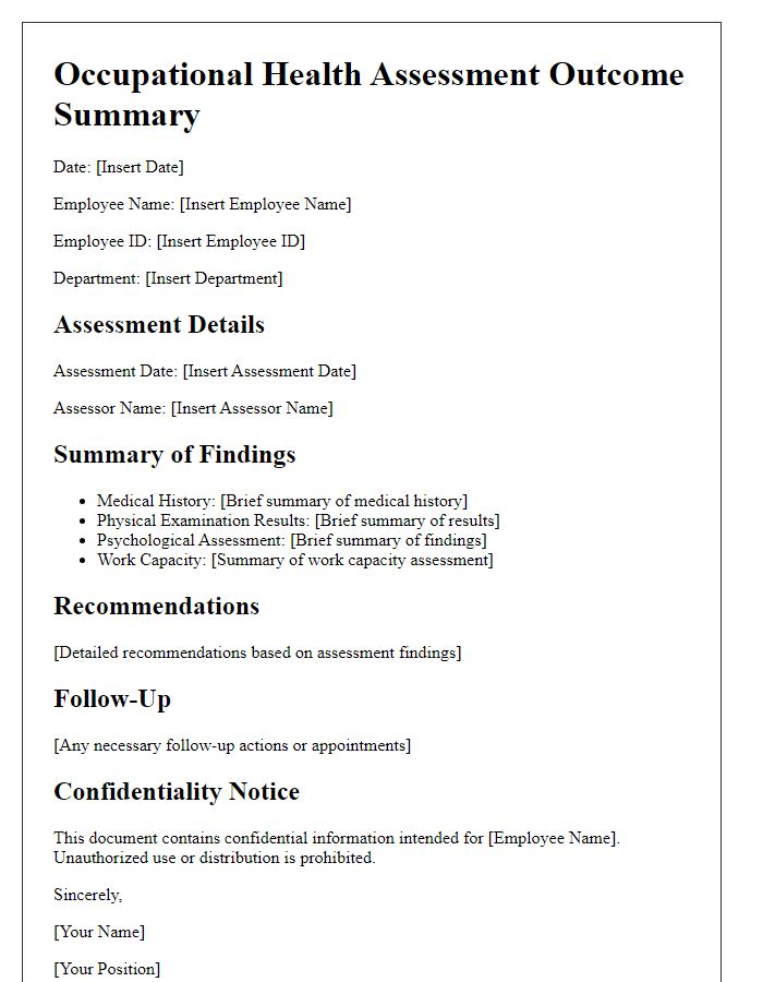 Letter template of outcome summary from occupational health assessment