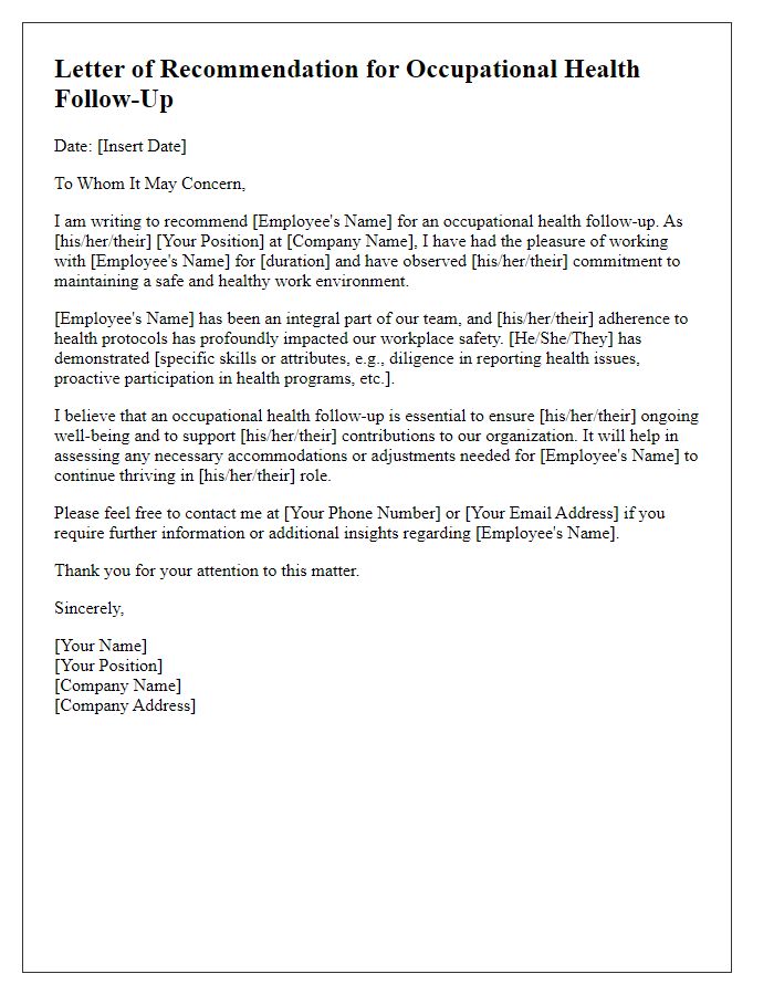 Letter template of recommendation letter for occupational health follow-up