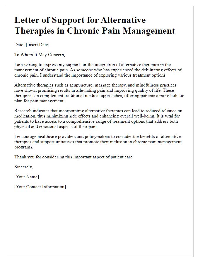 Letter template of alternative therapies for chronic pain support.