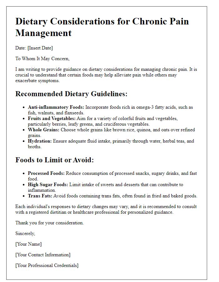 Letter template of dietary considerations for chronic pain management.