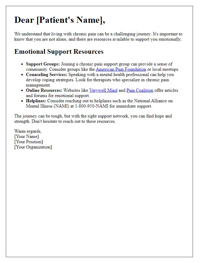 Letter template of emotional support resources for chronic pain patients.