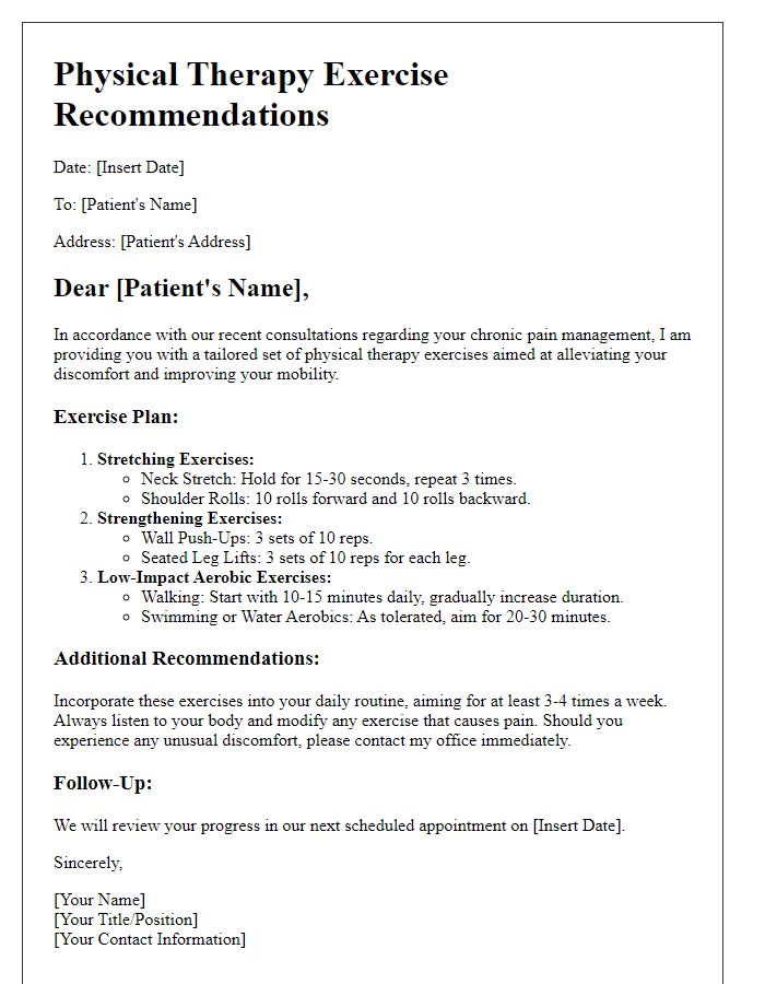 Letter template of physical therapy exercises for chronic pain relief.