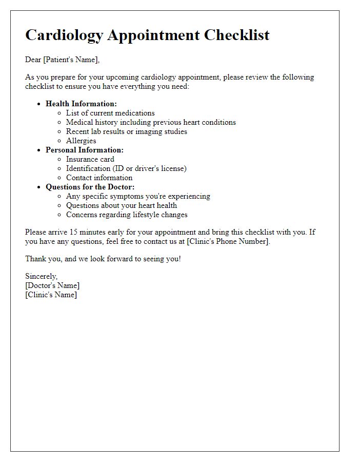 Letter template of cardiology appointment checklist