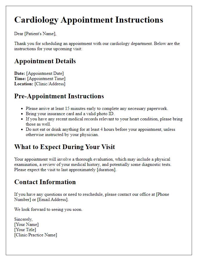 Letter template of cardiology appointment instructions