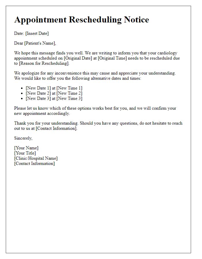 Letter template of cardiology appointment rescheduling