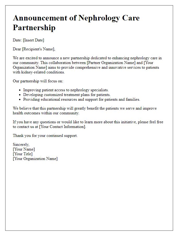 Letter template of nephrology care partnership announcement