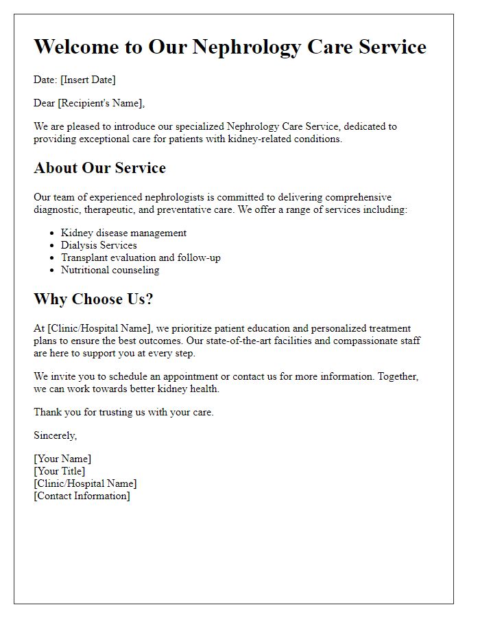 Letter template of nephrology care service introduction